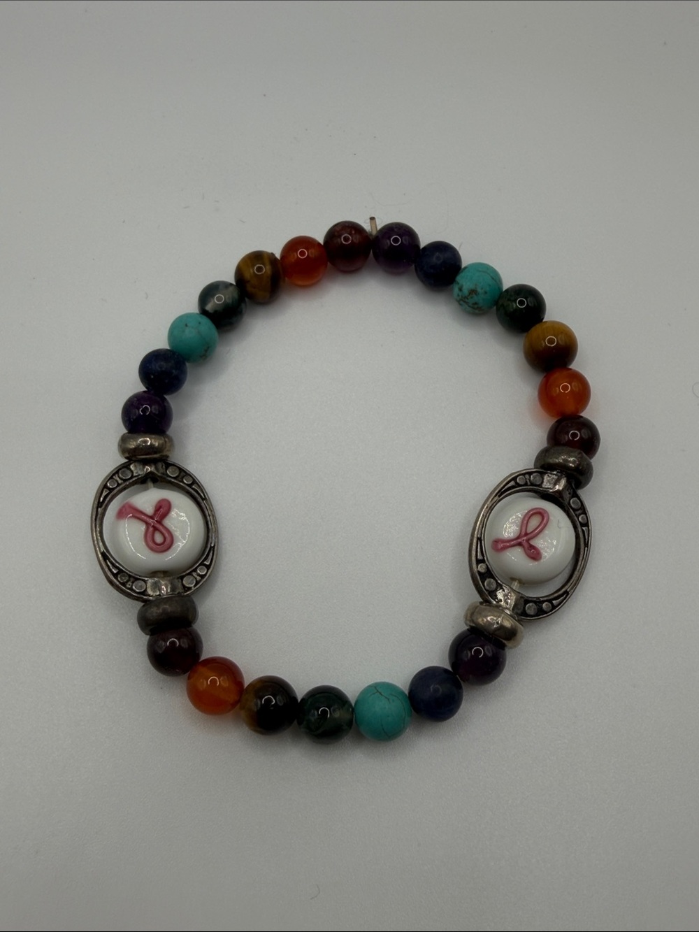 Multicolor stone Beaded Breast Cancer Awareness Bracelet